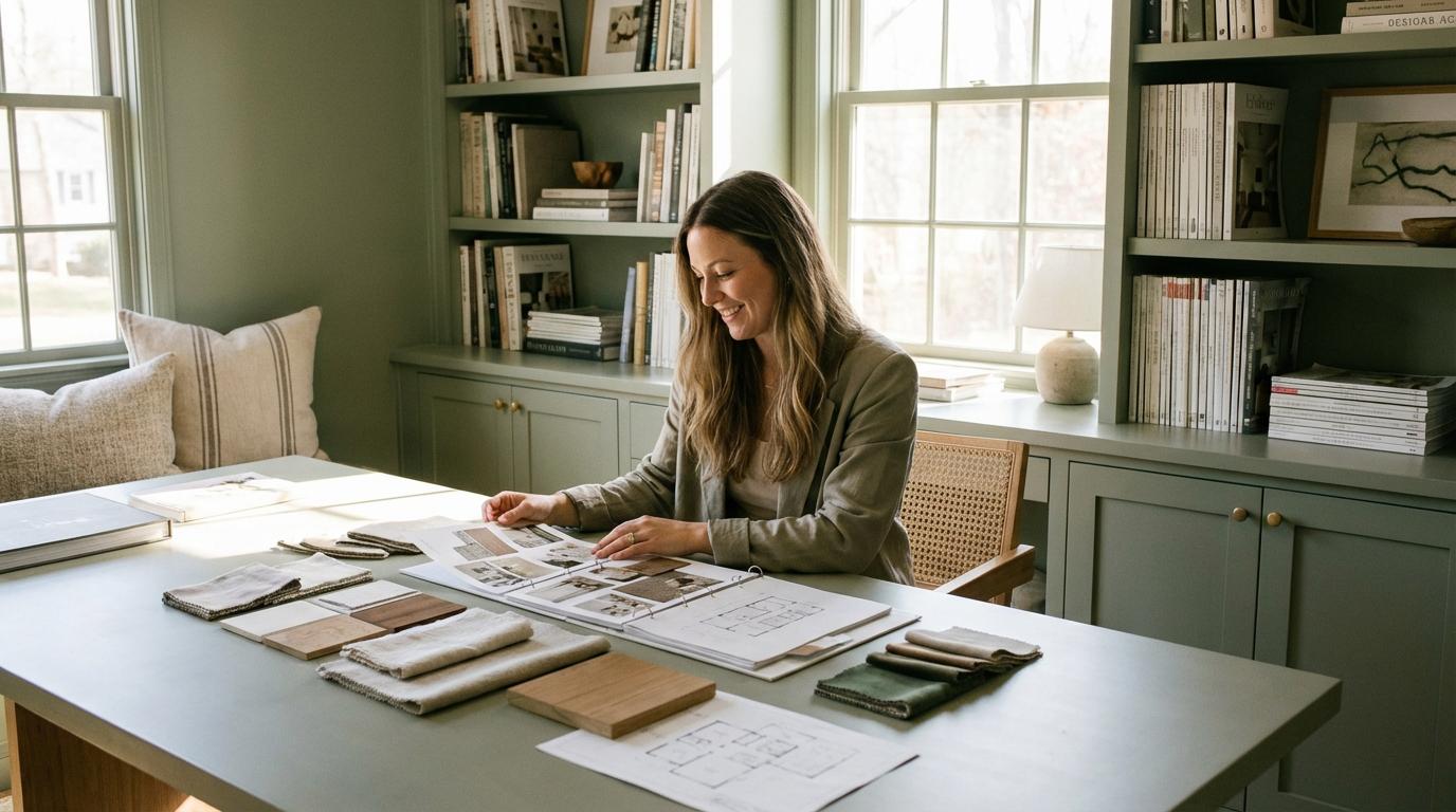 Interior designer reviewing material samples with client