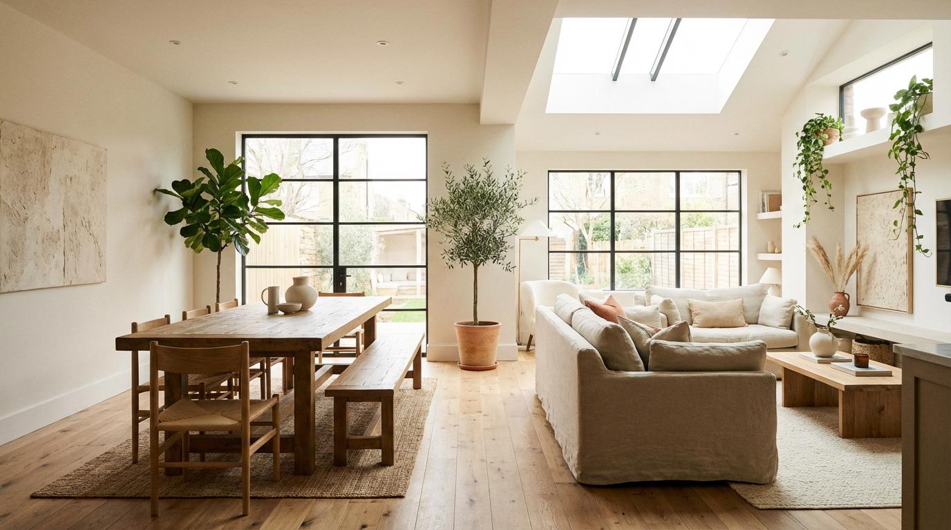 Open-plan living and dining area with natural light