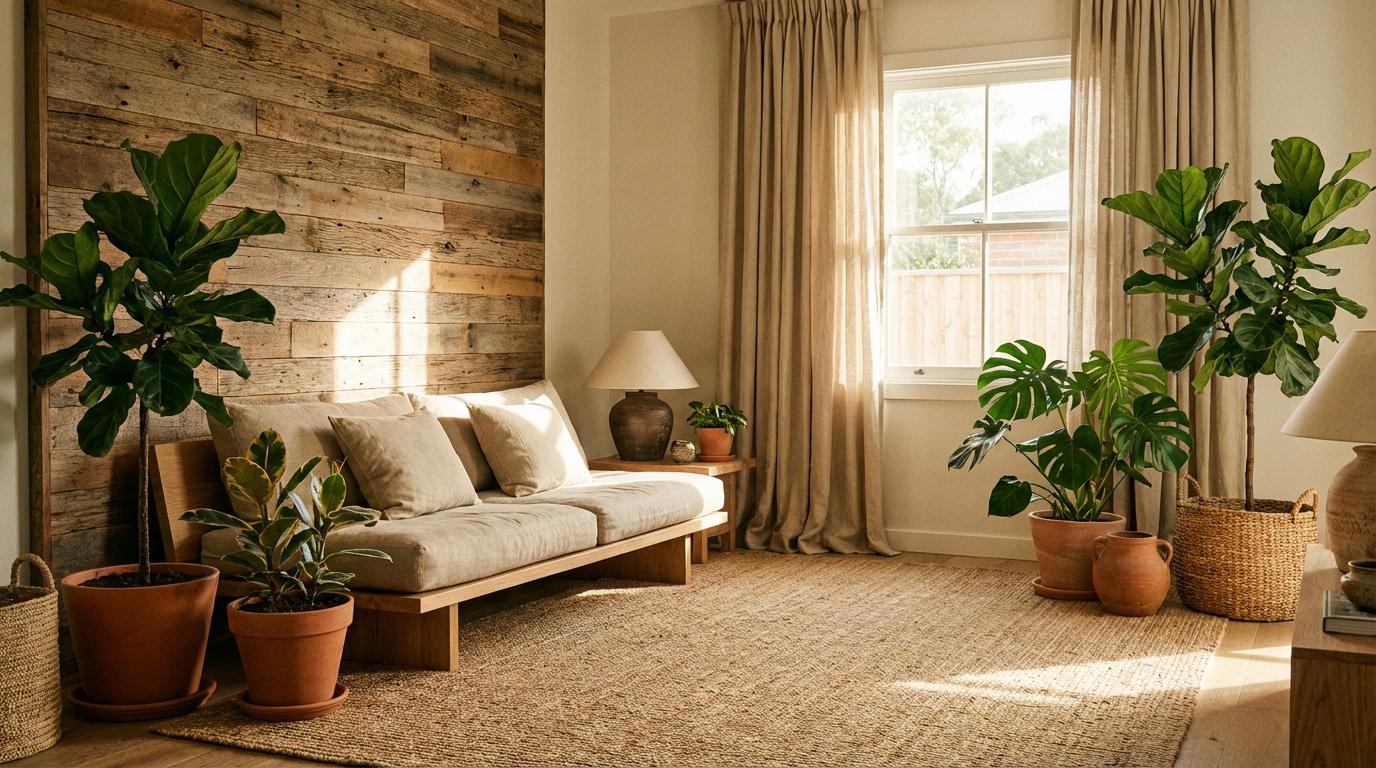 Sustainable interior with natural materials and greenery