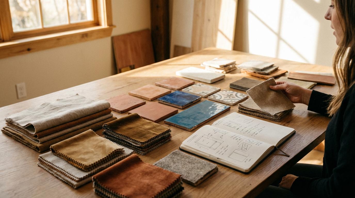 Designer reviewing material samples during consultation